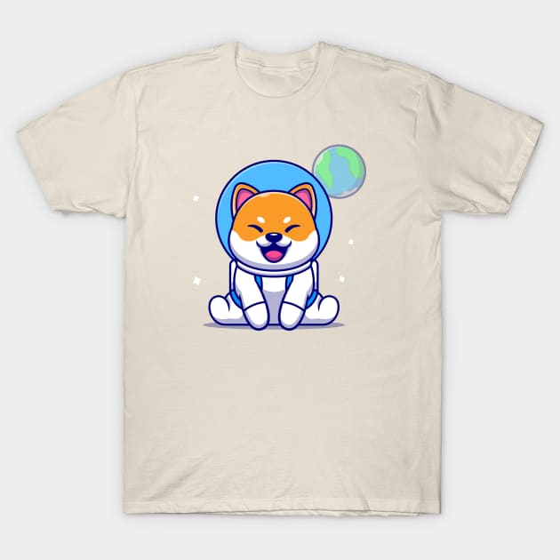 Cute Shiba Inu Dog Astronaut Sitting Cartoon T-Shirt by Catalyst Labs